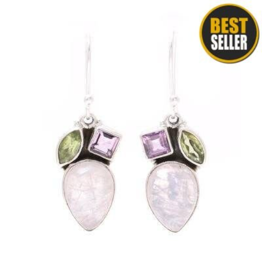 Natural Rainbow Moonstone+Amethyst+Peridot Gemstone Handcrafted Earring Cabochon &amp; Cut Stone's Boho Earring,Combo Earring