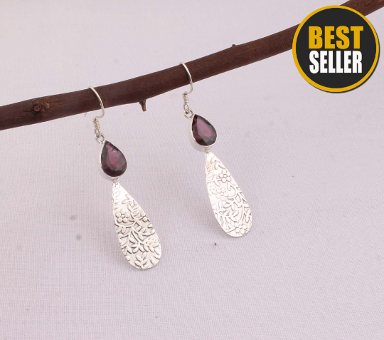 Natural Red Garnet Top Quality Gemstone Earring 925-Sterling Silver Earring-Cut Stone Earring-Long Ear ware Earring Gift Item Earring
