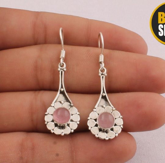 925 Sterling Silver Pink Jade Round Shape Gemstone Earrings - Flower Design Earring For Women - Wedding Silver Jewelry