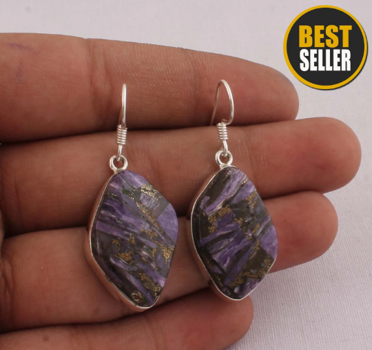 Amazing Copper Charoite Top Quality Gemstone Earring Cabochon Stone Earring 925-Sterling Silver Earring, Birthstone Earring BOHO SILVER