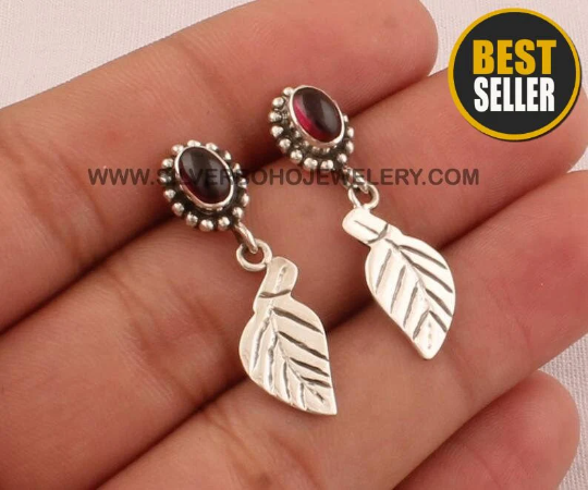925 Sterling Solid Silver Natural Garnet Earrings - Designer Handmade Carved Silver Leaves Earring - Wedding Jewelry