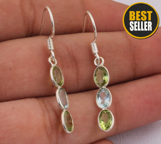 Combo Gemstone Earring Peridot+Blue Topaz Gemstone's Earring Sterling Silver Earring Three Stone Earring One-Of-Kind Wedding Earring
