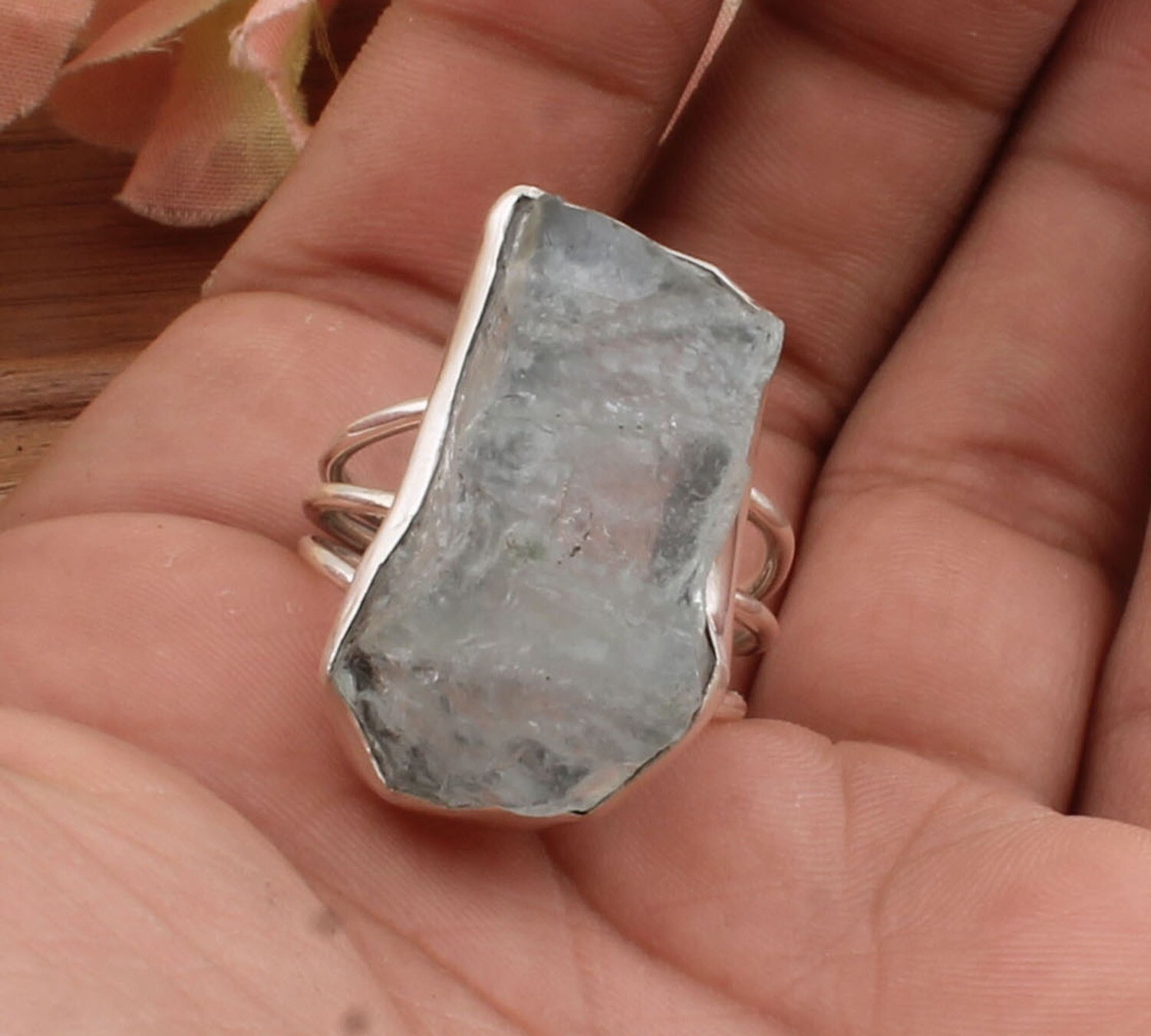 Three Layer Aquamarine Ring - Rough Ring - 925 Sterling Solid Silver Ring - Index Finger Rough Aquamarine Fancy Gemstone Row Ring - One Of Kind Ring