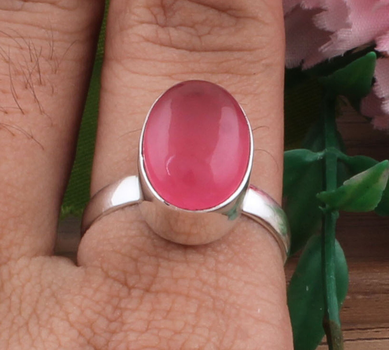 925 Sterling Silver Solid Silver Pink Jade Simple Ring - Engagement Oval Shape Ring - Handmade Silver Ring - Women Weddings Gifts For Him