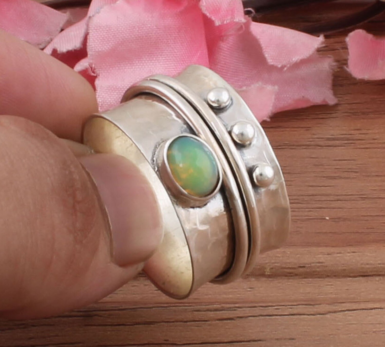 925 Sterling Silver Ethiopian Opal Spinner Ring - Hand Carved Oval Shape Gemstone Spinner Band Ring - Handmade Jewelry - Girls Jewelry - Weddings Gift For Him