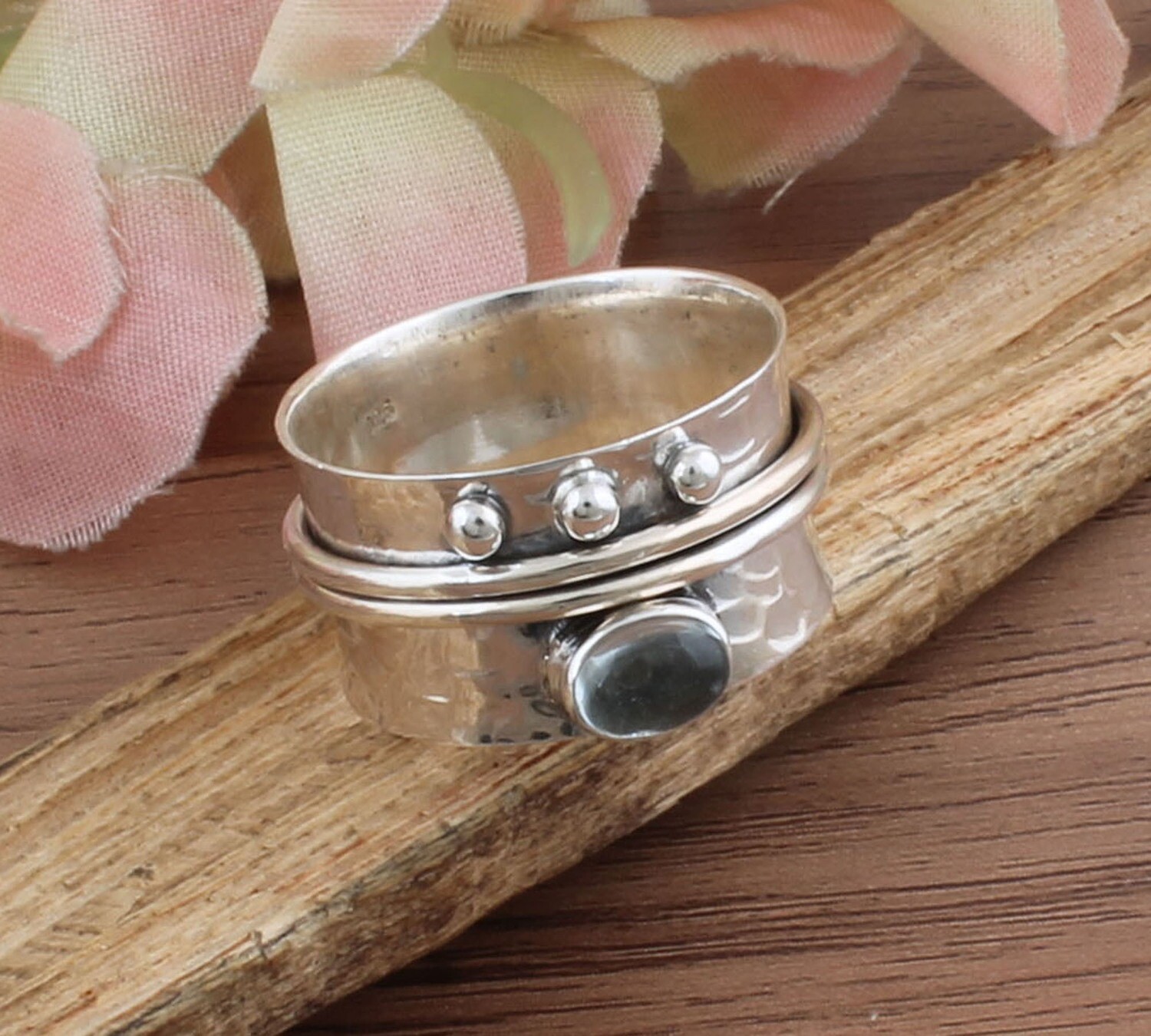 925 Sterling Silver Aquamarine Spinner Ring - Hand Carved Oval Shape Gemstone Spinner Band Ring - Handmade Jewelry - Girls Jewelry - Women Weddings Gift For Him