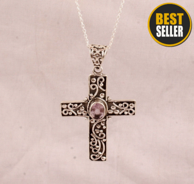 Antiqued Silver Pink Amethyst Necklace - 925 Sterling Silver Necklace - Designer Engraved Cross Necklace - Wedding Jewelry