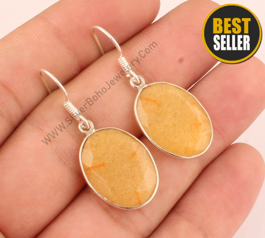 Beautiful Yellow Jade Silver Earrings Top Quality Yellow Jade Gemstone Oval Shape 925 Sterling Silver Earring Handmade Earrings Jewelry Item