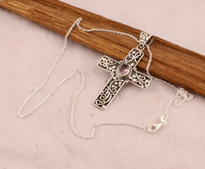 Antiqued Silver Pink Amethyst Necklace - 925 Sterling Silver Necklace - Designer Engraved Cross Necklace - Wedding Jewelry