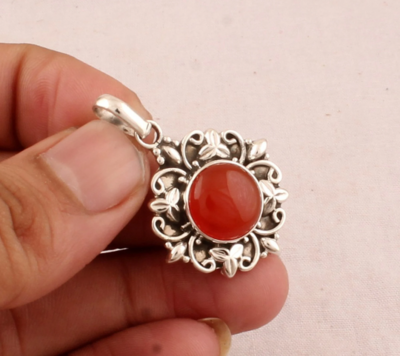 Red Onyx Flower Necklace - 925 Sterling Silver Necklace - Round Gemstone Necklace - Handmade Jewelry - Wedding Jewelry