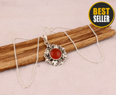 Red Onyx Flower Necklace - 925 Sterling Silver Necklace - Round Gemstone Necklace - Handmade Jewelry - Wedding Jewelry