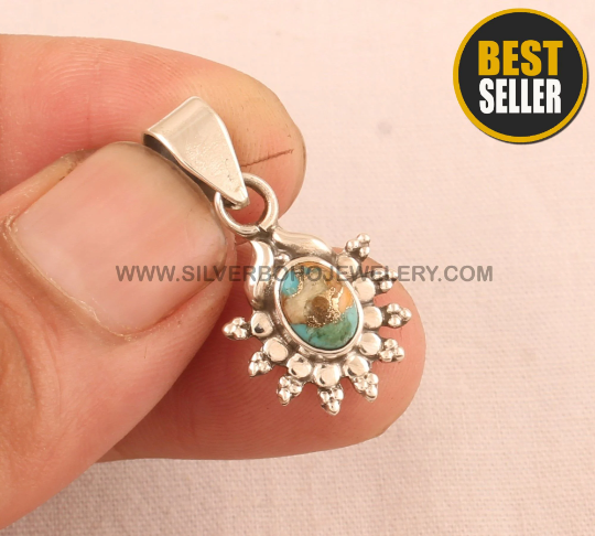 Floral Design Oyster Copper Turquoise Pendant For Her - 925 Sterling Silver Necklace - Designer Handmade Silver Pendant Necklace For Women