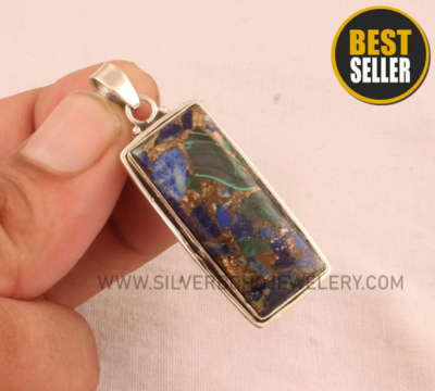 Mix Copper Rectangle Gemstone Silver Necklace Pendant - Solid 925 Sterling Silver Bar Pendant - Bridal Jewelry - Handmade Pendant For Women