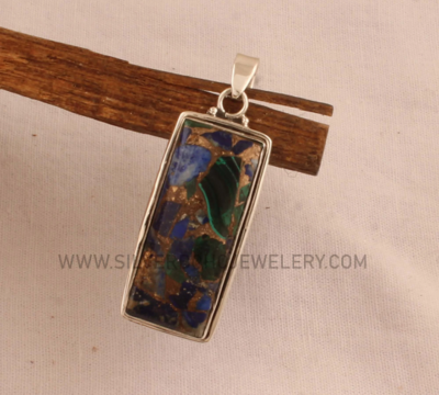 Mix Copper Rectangle Gemstone Silver Necklace Pendant - Solid 925 Sterling Silver Bar Pendant - Bridal Jewelry - Handmade Pendant For Women
