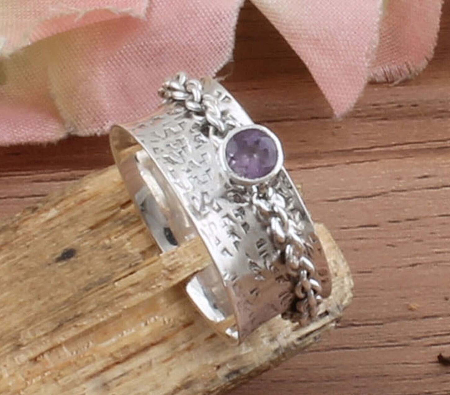 AAA+Quality Natural Amethyst Gemstone 925 Sterling Solid Silver Spinner Band Ring | Hammered Round Shape Cute Stone Ring | Handmade Birthday Ring For Weddings Gifts Him