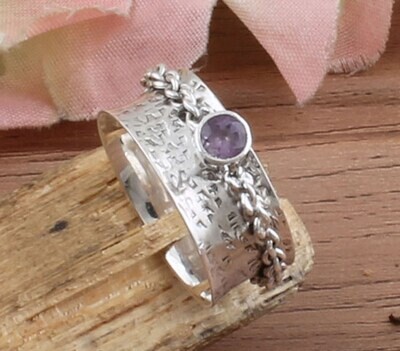AAA+Quality Natural Amethyst Gemstone 925 Sterling Solid Silver Spinner Band Ring | Hammered Round Shape Cute Stone Ring | Handmade Birthday Ring For Weddings Gifts Him