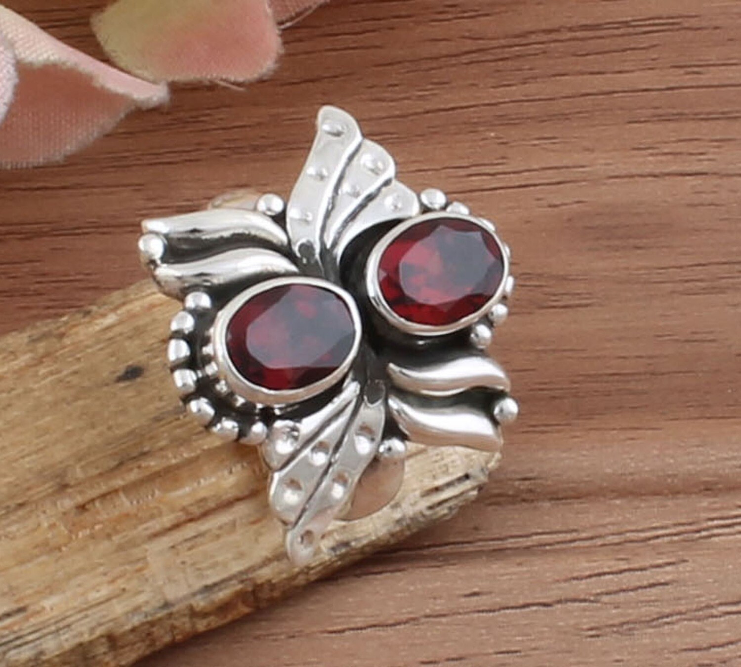 Butterfly Natural Red Garnet Engraved Solid 925 Sterling Silver Ring For Women - Handmade Oval Cut Two Stone Ring For Wedding Anniversary Gifts Idea