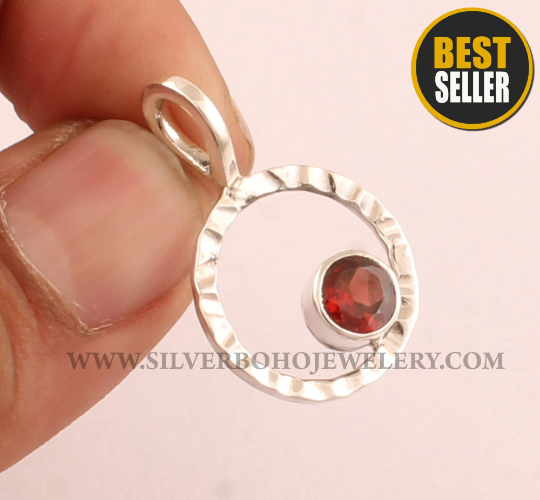 Red Garnet Quartz Round Stone Pendant - 925 Sterling Silver Pendant - Designer Hammered Circle Pendant - Handmade Silver Jewelry - Gift Idea