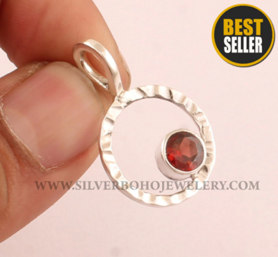 Red Garnet Quartz Round Stone Pendant - 925 Sterling Silver Pendant - Designer Hammered Circle Pendant - Handmade Silver Jewelry - Gift Idea