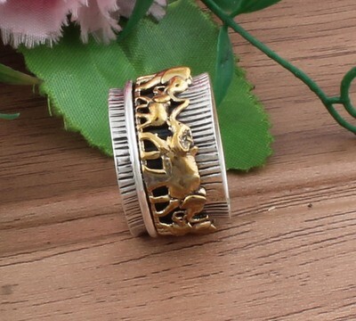 Elephant Design Spinner Band Ring 925 Sterling Silver Spinner Ring,Handmade Silver Band With Brass Elephant Spinner Ring2022