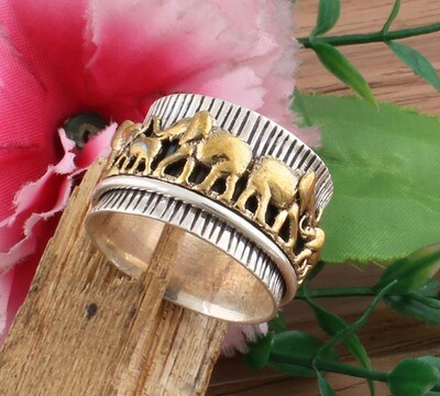 Elephant Design Spinner Band Ring 925 Sterling Silver Spinner Ring,Handmade Silver Band With Brass Elephant Spinner Ring2022