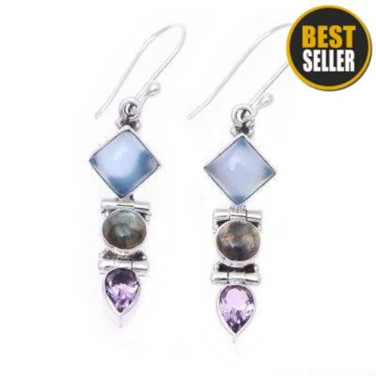 Larimar+Peridot+Amethyst Gemstone Earring Cabochon &amp; Cut Stone's Boho Earring,925-Antique Silver Combo Earring Gift For Her