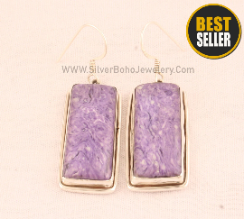 Natural Charoite Gemstone Silver Earring Rectangle Shape Cabochon Stone Earring 925 Solid Silver Sterling Handmade Jewelery bridal Earring