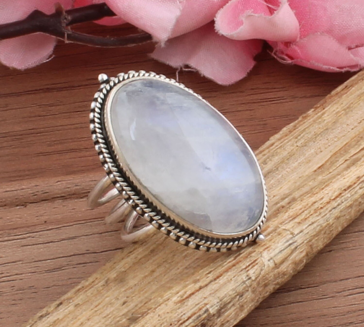 AAA+Quality Three Layer Natural Rainbow Moonstone Solid 925 Sterling Silver Ring - Engagement Oval Shape Ring - Handmade Jewelry For Women Weddings Gifts For Her