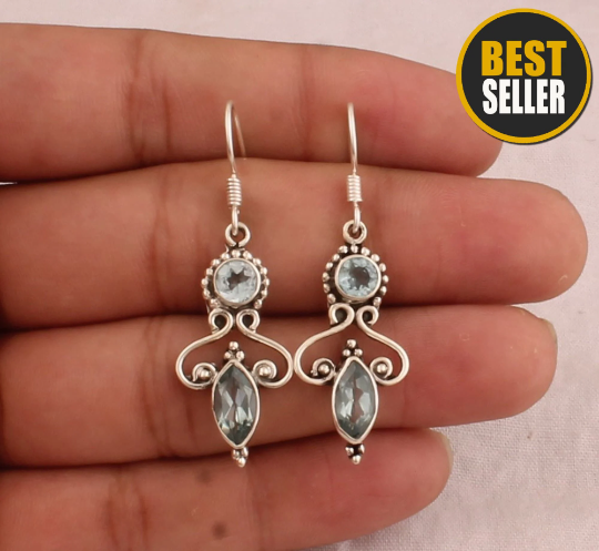 Designer Blue Topaz Earrings - 925 Sterling Silver Earrings - Handmade Faceted Two Gemstone Earrings - Wedding Jewelry