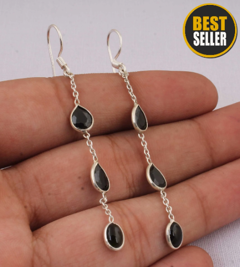 Black Onyx Top Quality Gemstone's Earring Sterling Silver Earring Three Stone's Earring Antique Silver Earring Wedding Earring One-Of-Kind