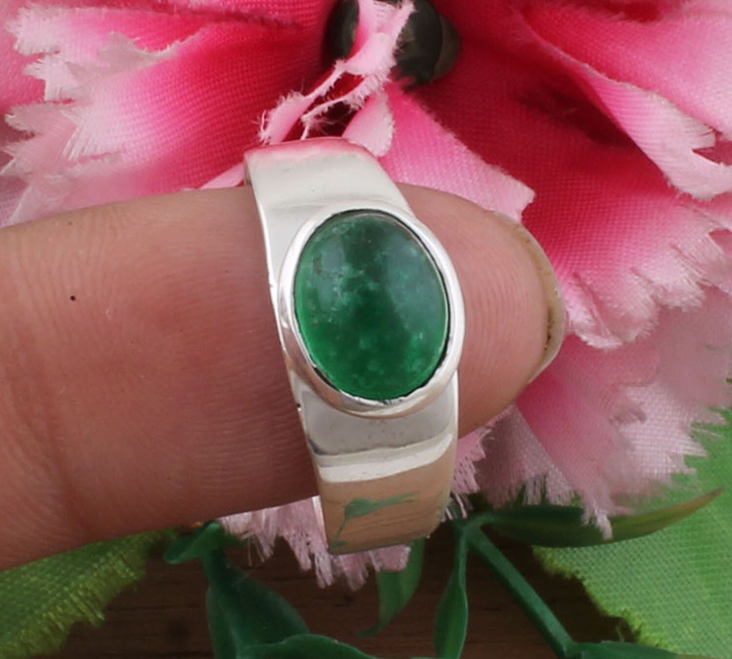 Plain Green Jade Solid 925 Sterling Silver Band Ring - Simple Ring - Engagement Oval Shape Ring - Handmade Ring For Women Weddings Gifts Him