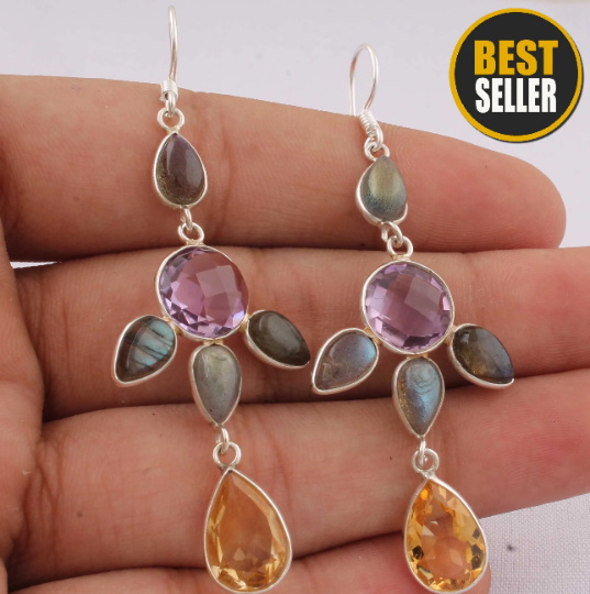 Combo Gemstone Earring Labradorite+Amethyst+Citirne Gemstone's Earring 925-Sterling Silver Earring Gift Item Leaf Stone Earring BOHO SILVER