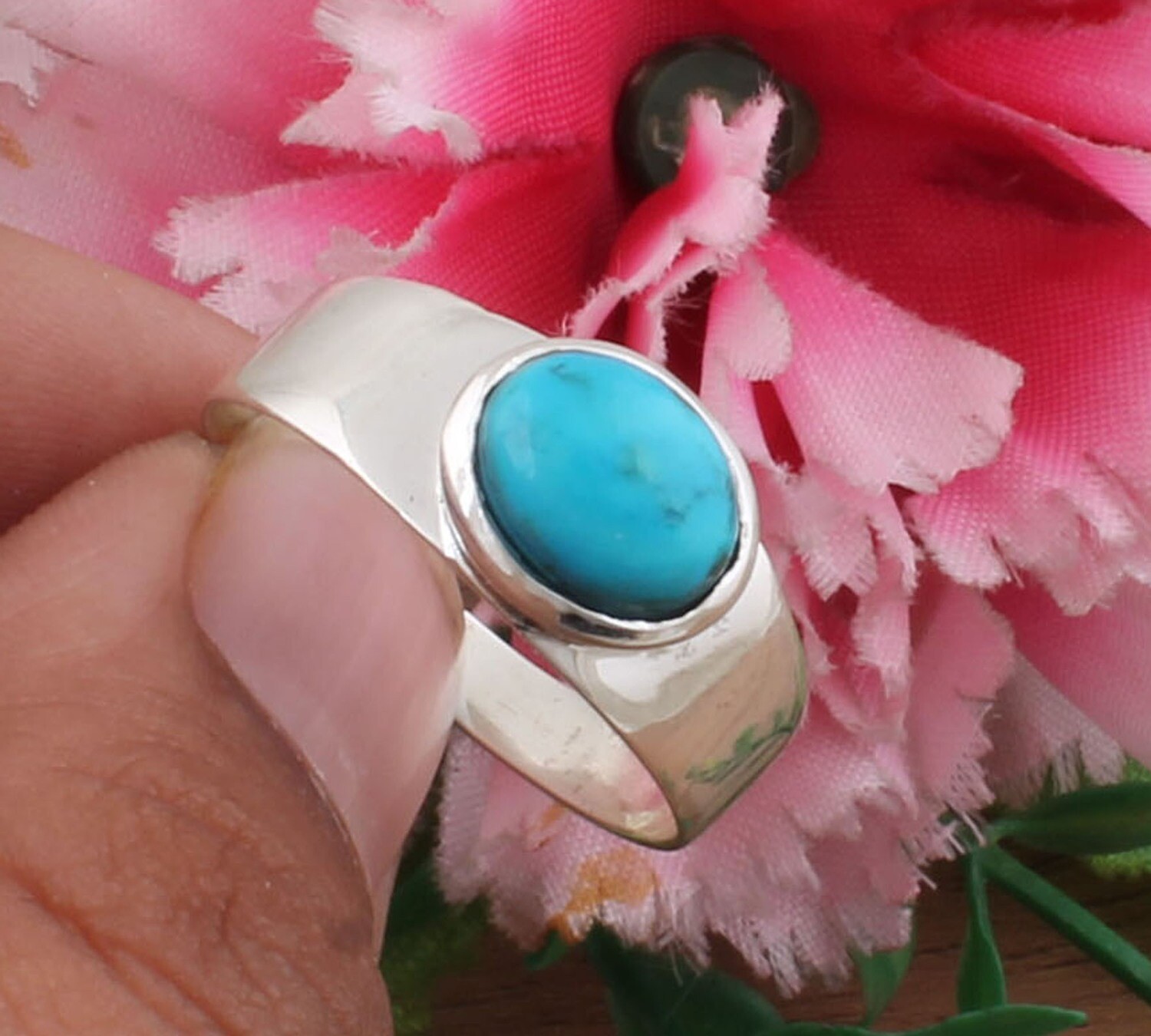 AAA+Quality Plain 925 Sterling Solid Silver Natural Sleeping Beauty Turquoise Gemstone Band Ring - Simple Boho Oval Ring - Antique Silver Ring For Girlfriends Gifts Her