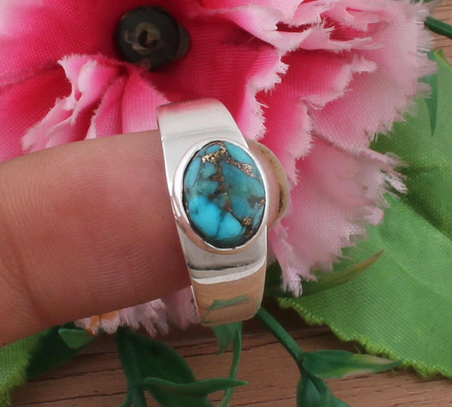 Amazing Plain Blue Copper Turquoise Oval Gemstone Solid 925 Sterling Silver Band Ring For Girls - Handmade Silver Simple Ring / For Wedding Anniversary Gifts Him