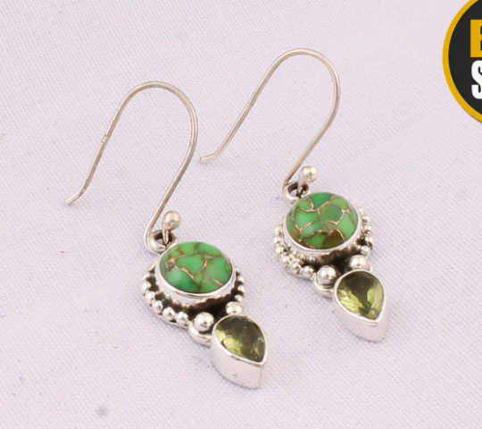 Composite Turquoise+Peridot Gemstone Earring Cabochon &amp; Facet Stone's Boho Earring,Antique Silver Combo Earring