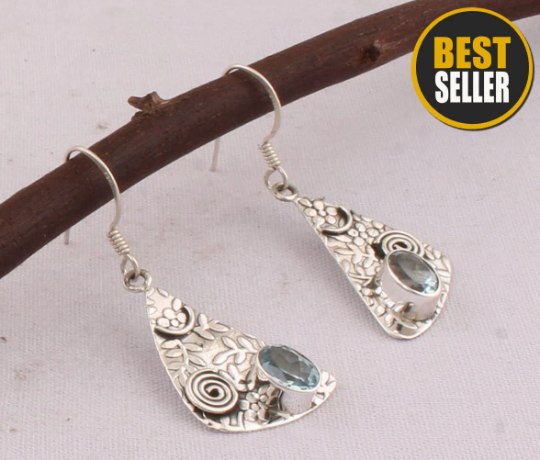 Authentic Natural Blue Topaz Earrings, 925-Sterling Silver Dangle Earrings, AAA+Quality Gemstone, Antique, Topaz Jewelry, Anniversary Gifts