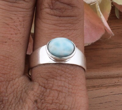 Amazing Natural Larimar Gemstone Band Ring- Cabochon Oval Stone Boho Ring - 925 Antique Silver Ring,Engagement Ring - Middle Finger Ring For Waddings Gifts Him