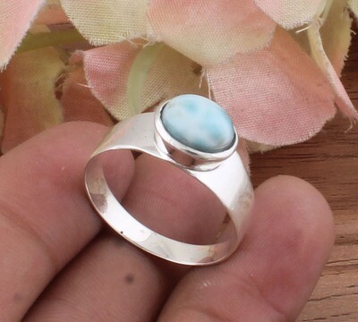 Amazing Natural Larimar Gemstone Band Ring- Cabochon Oval Stone Boho Ring - 925 Antique Silver Ring,Engagement Ring - Middle Finger Ring For Waddings Gifts Him