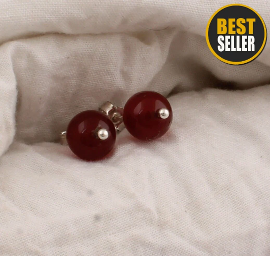 Authentic Real Red Onyx Gemstone Earring, Sterling Silver Dangle Earring, AAA+Quality, Round Ball Earring, Adorable, Rustic
