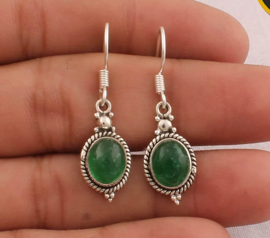 Beautiful Natural Green Jade Earring, 925-Sterling Silver, AAA+Quality Gemstone, Dangle Earring, Dainty Hoop Earrings, Rustic