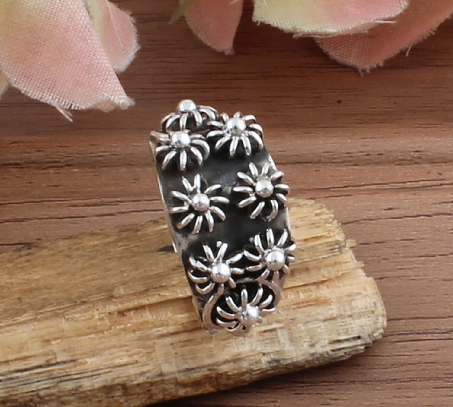 Beautiful Flowers 925 Sterling Solid Silver Band Ring / AAA Quality Boho Ring / Antique Designer Silver Ring / Thumb Ring For Women Weddings Gifts Him