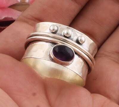 AAA+Quality Natural Amethyst Gemstone 925 Sterling Solid Silver Spinner Band Ring | Hammered Oval Shape Stone Ring | Handmade Birthday Ring For Weddings Gifts Him