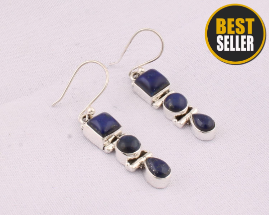 Natural Lapis Top Quality Gemstone Handmade Earring Cabochon Six Stone's Boho Earring 925-Sterling Silver Earring