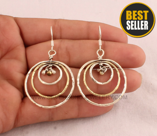 Hammered Hoop Earrings - 925 Sterling Silver &amp; Brass Three Hoops Earring - Two Tone Round Earrings -Handmade Three Circle Earrings For Women