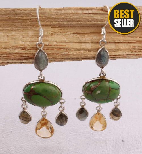Combo Gemstone Earring Composite Turquoise+Labraorite+Citrine Gemstone's Earring 925-Sterling Silver Earring Gift Item Leaf Stone Earring