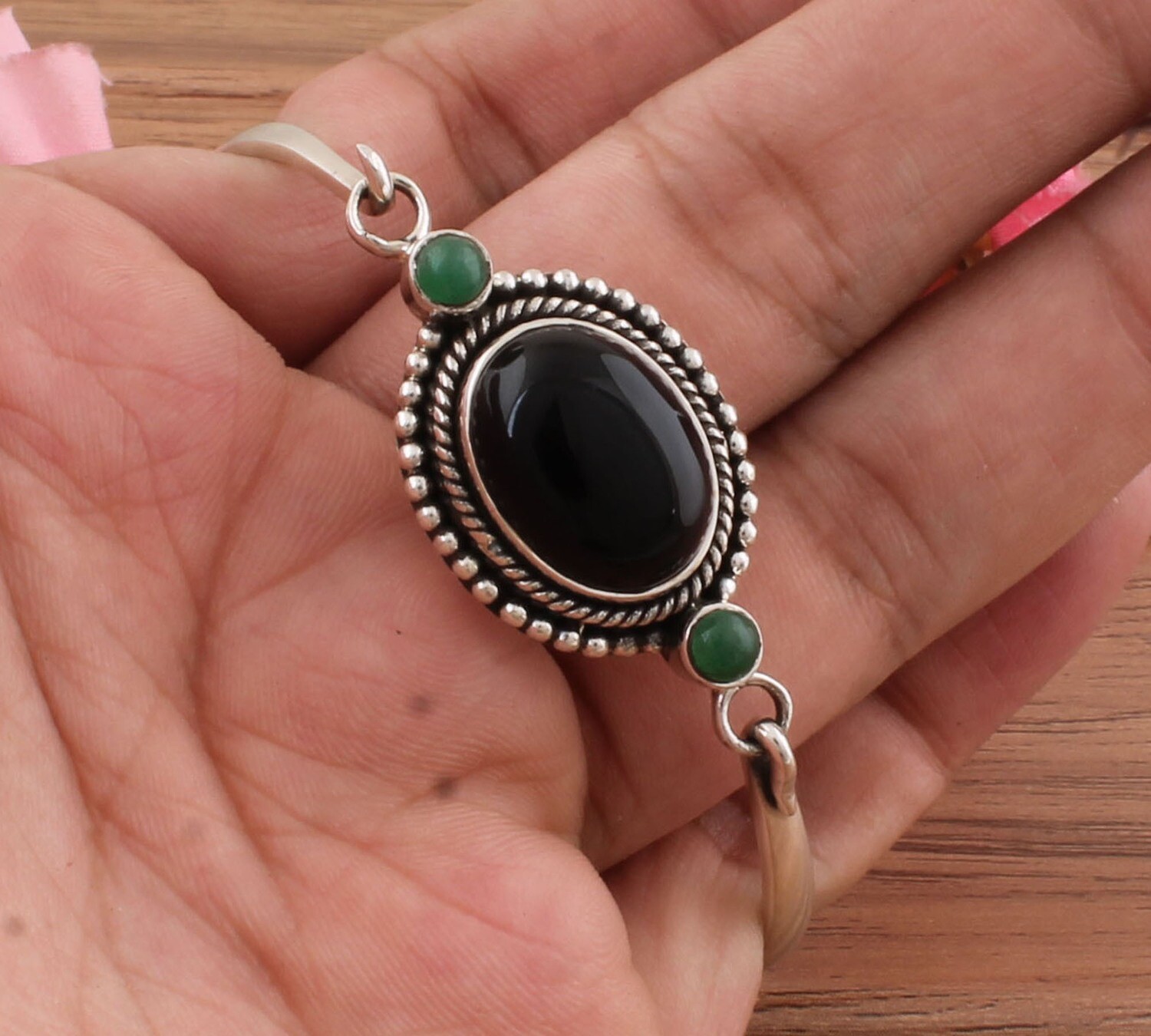 Amazing Natural Black Onyx &amp; Jade Gemstone Silver Bracelet | 925 Sterling Silver Bracelet | Bangle Oval Shape Bracelet | Wedding Jewelry | Bracelet For Women