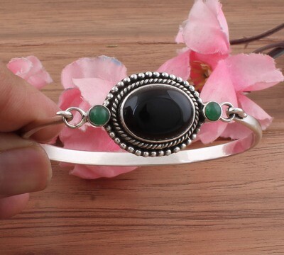 Amazing Natural Black Onyx &amp; Jade Gemstone Silver Bracelet | 925 Sterling Silver Bracelet | Bangle Oval Shape Bracelet | Wedding Jewelry | Bracelet For Women