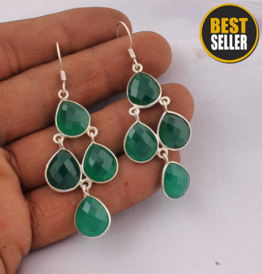 Natural Green Onyx Top Quality Gemstone Earring Boho Earring 925-Sterling Silver Earring,Four Stone Earring,Antique Silver Earring