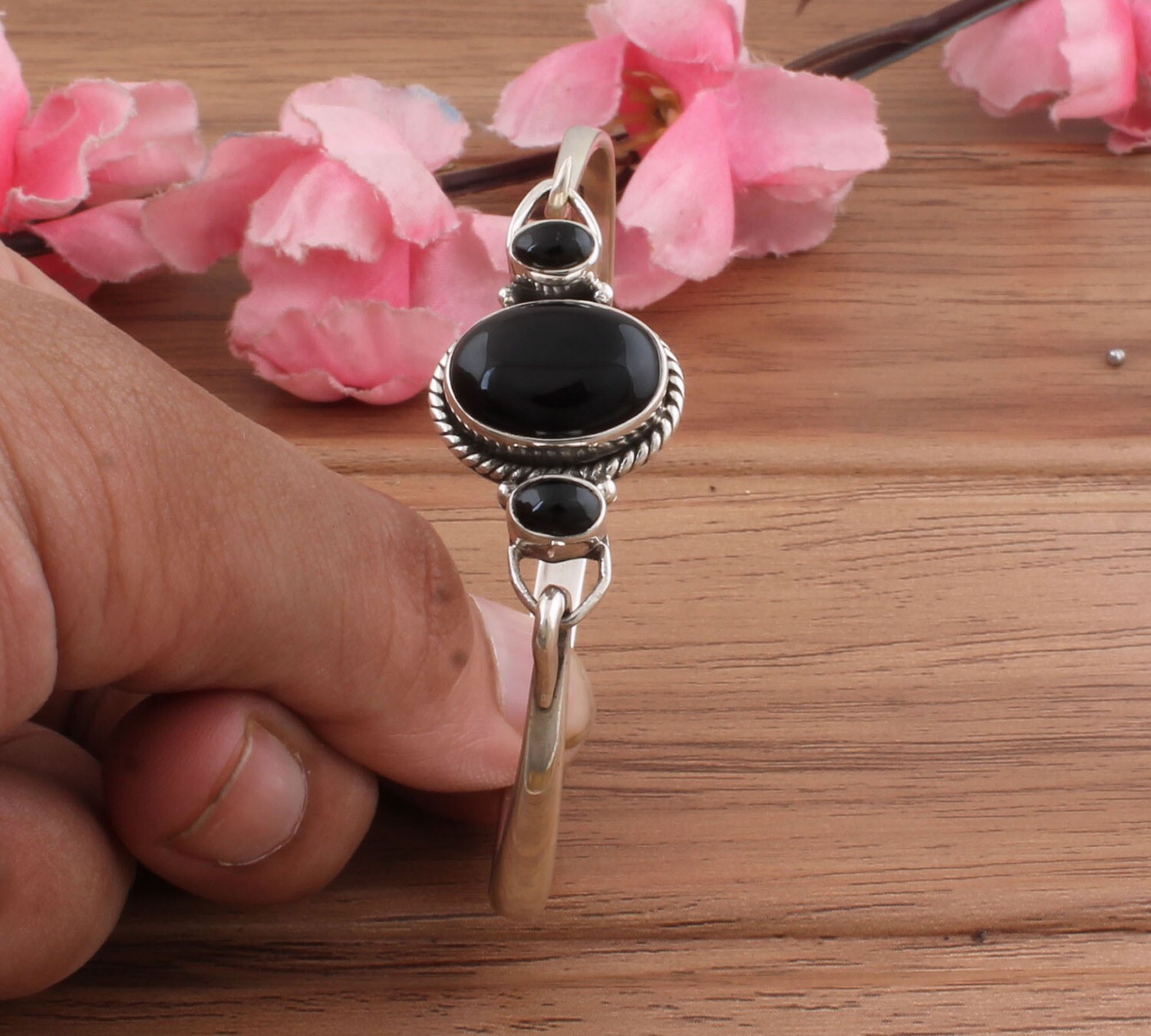 Beautiful Natural Black Onyx Gemstone Silver Bracelet | 925 Sterling Silver Bracelet | Three Stone Oval Shape Bangle Bracelet | Wedding Jewelry | Bracelet For Anniversary Gifts Her