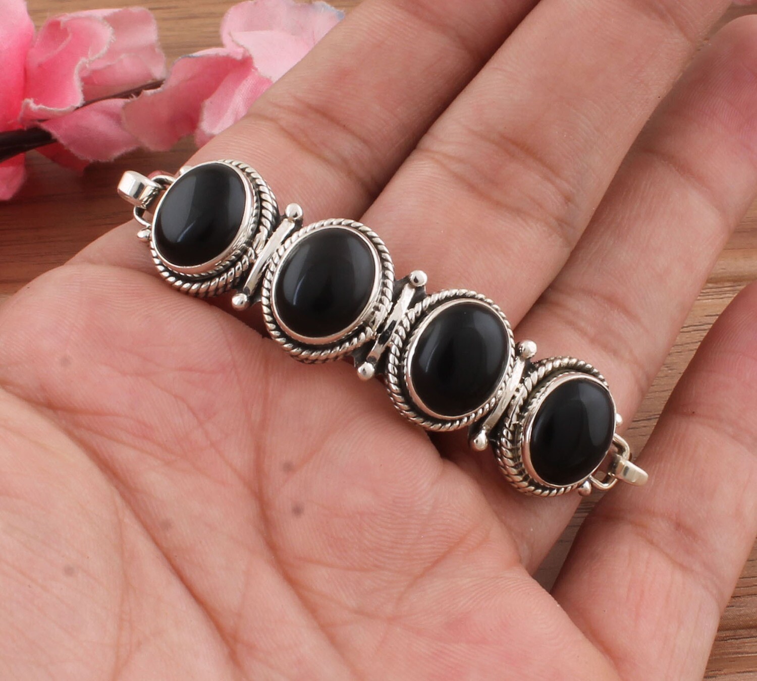 AAA+Quality Natural Black Onyx Gemstone Silver Bracelet | 925 Sterling Silver Bracelet | Bangle Oval Shape Bracelet | Wedding Jewelry | Bracelet For Women